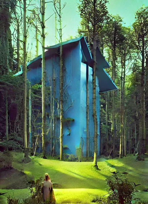 Image similar to hyper realistic witchy modern house with mood lighting and technology in the woods gorgeous lighting, blue sky, highly detailed, lush forest foliage painting by zdzisław beksinski and norman rockwell and greg rutkowski weta studio, and lucasfilm