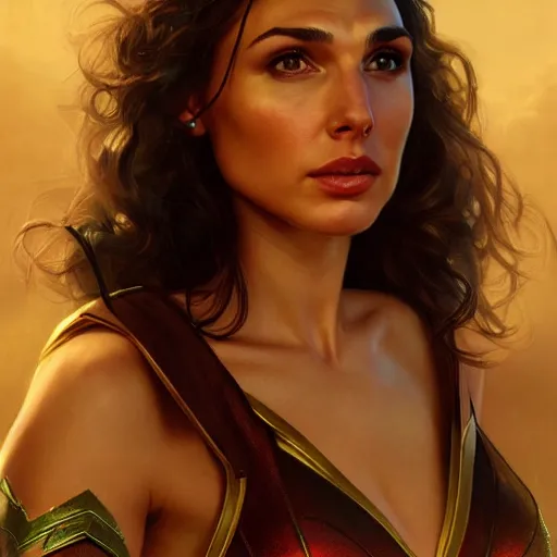 Prompt: An enchanting portrait of Gal Gadot as an elf in evening gown, evening, detailed matte painting, cinematic, Alan Lee, Artstation