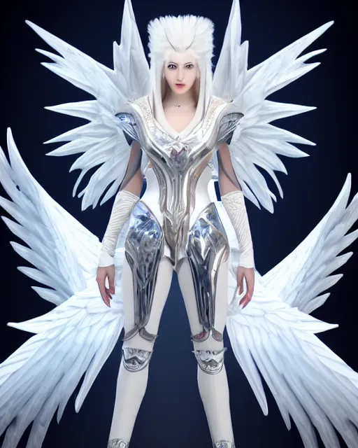 Image similar to regal white haired attractive egyptian goddess with huge white dove wings, warframe armor, beautiful, symmetric, dreamy, half asian, pretty face, blue eyes, detailed, scifi platform, laboratory, experiment, 4 k, ultra realistic, epic lighting, android body, illuminated, cinematic, masterpiece, art by akihito tsukushi, voidstar