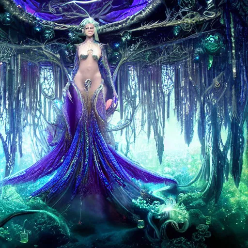 Image similar to under an intricate like jewels epic forest suspended in the air upside down, a pool with intricate and surreal epic circles of water within which float phantasmagoric robotic humanoids, dressed in intricate veils and jewels, epic environment, matte painting, diffused lighting, highly detailed, cinematic, epic atmosphere, digital art, trending on artstation, depth of field, wide angle