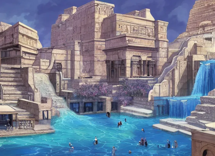 Image similar to A wide open courtyard in an epic, colorful city in ancient Egypt, anime, pyramids, sakura season, at Pamukkale, thermal waters flowing down white and gold travertine terraces, intricate, elegant, luxurious, hint of royal blue, digital painting, concept art, smooth, sharp focus, from Star Trek 2021, illustration, by WLOP and Ruan Jia and Mandy Jurgens and William-Adolphe Bouguereau, Artgerm