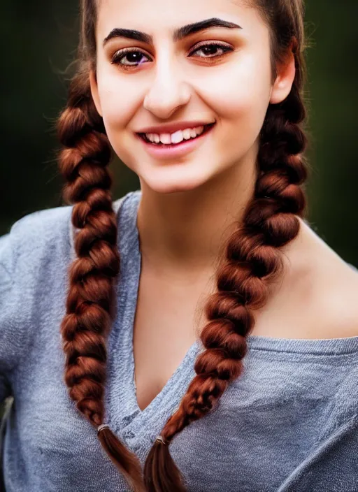 Prompt: A close-up photo of a beautiful Turkish 22 year old girl with hazel eyes, wide forehead and pink cheeks. Her hair is straight and tied into a ponytail. She is looking at the camera with a slight smile. A sense of awe, beauty, Detailed face features, hyper realism, studio, bokeh, shallow depth of field, neutral background, telephoto lens, photography from Vogue magazine, by Martin Schoeller, Sigma 500mm f/5