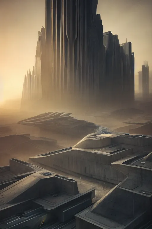 Prompt: sci - fi concrete brutalist architecture in bladerunner scene, zaha hadid, beksinski, photoreal, highly detailed, 8 k, hd, vray, artstation, trending on behance, cinematic matte painting, extreme detail photo quality, sunrays, sunset, featured on behance