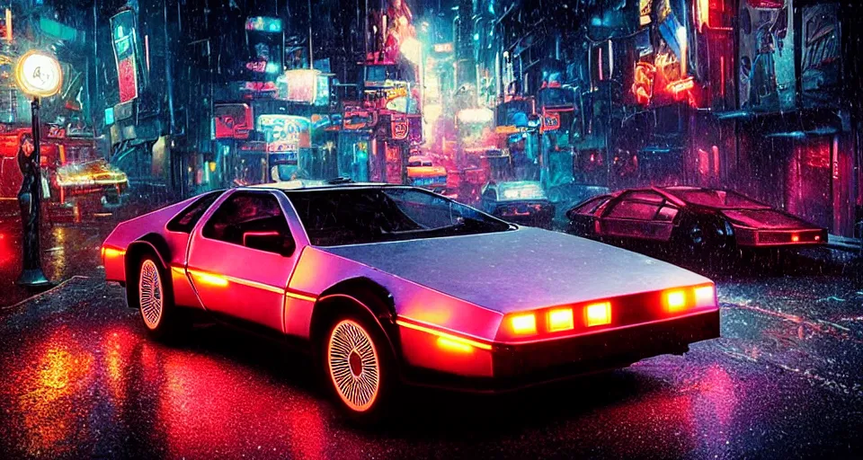 Image similar to a 2 8 mm closeup photo of a tela tron neon delorean back to the future car on wet city street at night, intricate, hyper detailed, smooth, high contrast, neon, volumetric lighting, octane, moebius, greg rutkowski, blade runner, ripley scott, mad max, cindmatic