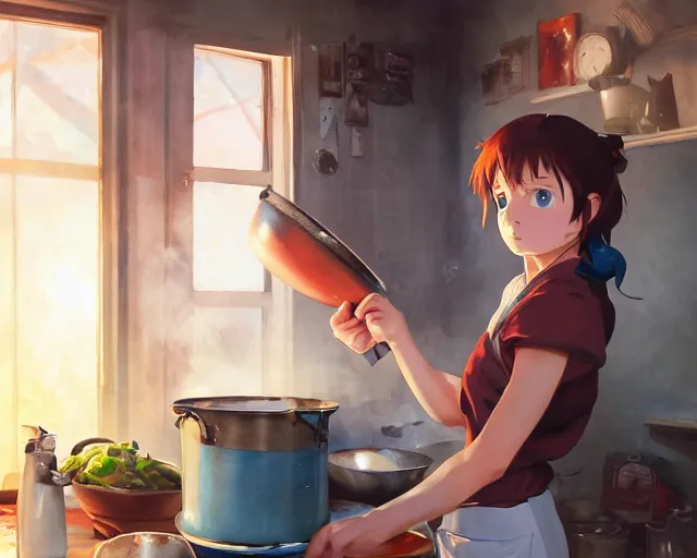 Image similar to a brunnete girl with blue eyes and puffy cooking breakfast in her messy house, holding a pan, close up shot from the side, anime art, Greg Rutkowski, studio ghibli, dramatic lighting