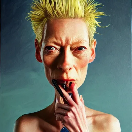 Image similar to caricature of tilda swinton smoking a cigar, realistic oil painting by sebastian krüger, expressive, colorful, plastic