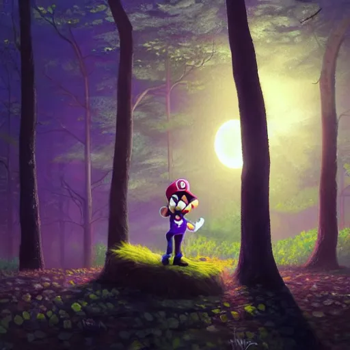 Prompt: an ultra - detailed beautiful painting of waluigi from the mario bros series in a dark forest, moonlight through the trees, oil panting, high resolution 4 k, by ilya kuvshinov, greg rutkowski and makoto shinkai )