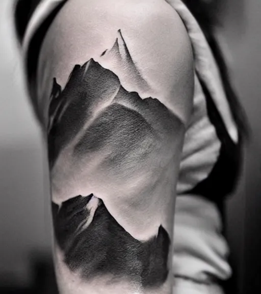 Image similar to tattoo design sketch of a beautiful woman with a background of beautiful mountains on her side, hyper - realistic, double exposure effect, in the style of den yakovlev, amazing detail, black and white, faded