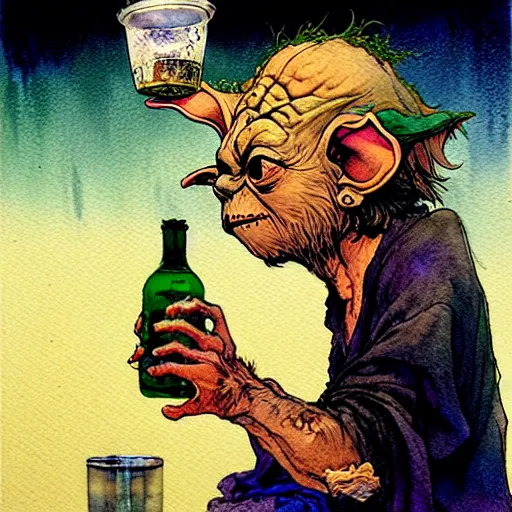 Prompt: a realistic and atmospheric watercolour fantasy character concept art portrait of a sleazy homeless chibi yoda wearing a wife beater drinking out of a broken bottle, by rebecca guay, michael kaluta, charles vess and jean moebius giraud