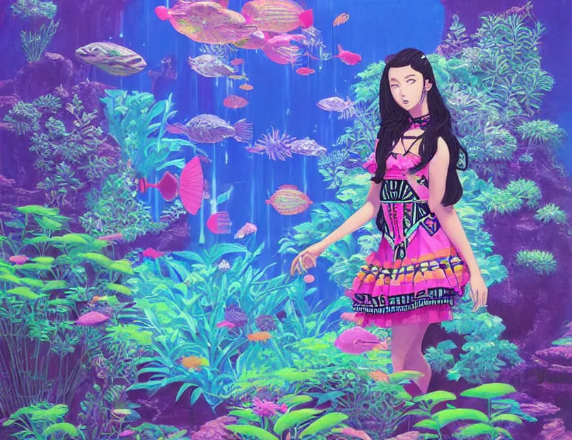 Prompt: aztec scifi princess in a planted aquarium, wearing a lovely dress with vaporwave elements. this oil painting by the award - winning mangaka has an interesting color scheme and impeccable lighting.