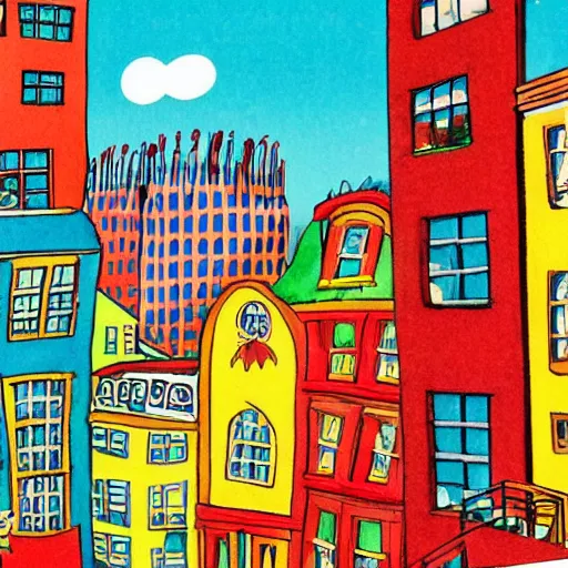 Prompt: city filled with buildings, colorful kids book illustration by dr seuss, towers, bridges, stairs