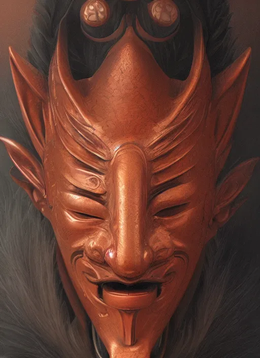 Image similar to a beautiful detailed oil on copper art illustration of a japanese tengu mask with big nose woman, elongated nose, centered, by charlie bowater, zeng fanzh, trending on artstation, dim dusk lighting, cinematic lighting, detailed lighting, volumetric lighting, realistic, f 8, 4 k hd wallpaper