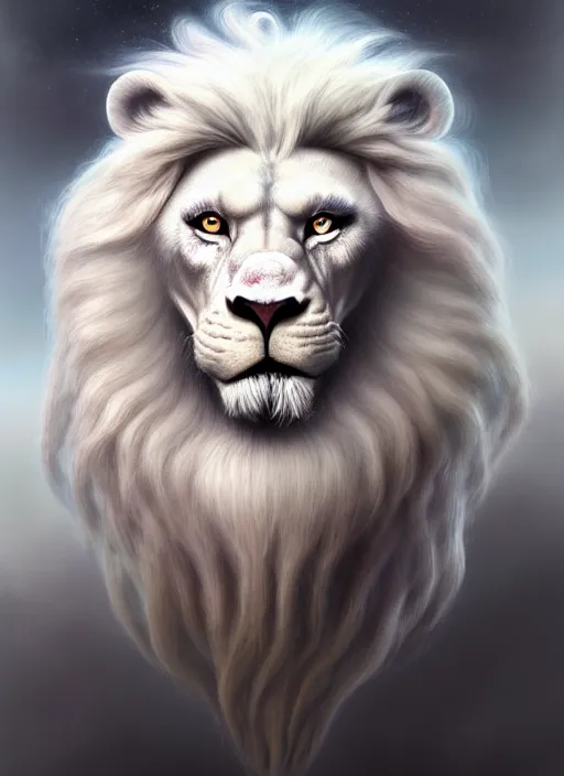 Image similar to an anthromorphic male white lion, diffuse lighting, fantasy, highly detailed, photorealistic, digital painting, artstation, illustration, concept art, smooth, sharp focus, in the style of tom bagshaw