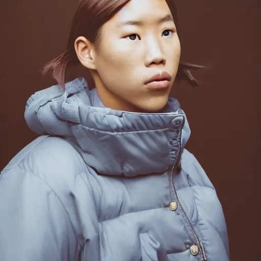 Image similar to realistic photoshooting for a new balenciaga lookbook, color film photography, portrait of a blonde asian woman, model wearing a puffer jacket, photo in style of tyler mitchell, 3 5 mm,