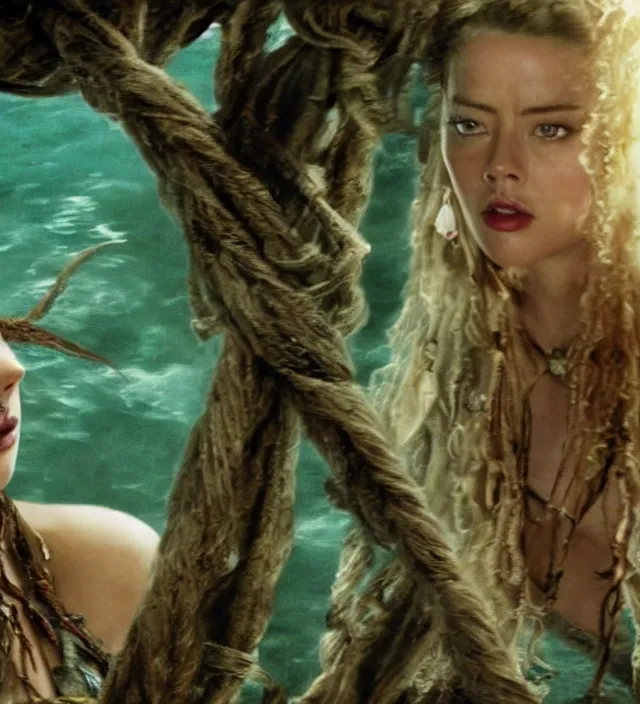 Image similar to amber heard as mermaid in pirates of the caribbean, movie still frame, hd, cinematic lighting