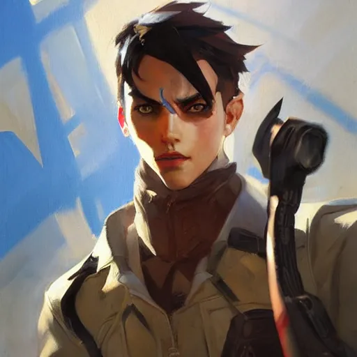 Image similar to greg manchess portrait painting of eren jager as overwatch character, medium shot, asymmetrical, profile picture, organic painting, sunny day, matte painting, bold shapes, hard edges, street art, trending on artstation, by huang guangjian and gil elvgren and sachin teng