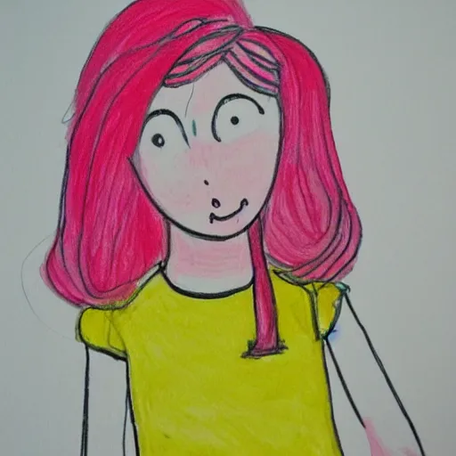 Prompt: girl with yellow hair and pink dress, kids drawing