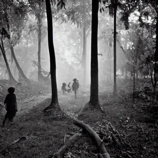 Image similar to Shadow creatures stalk through a forest, vietnam war photography