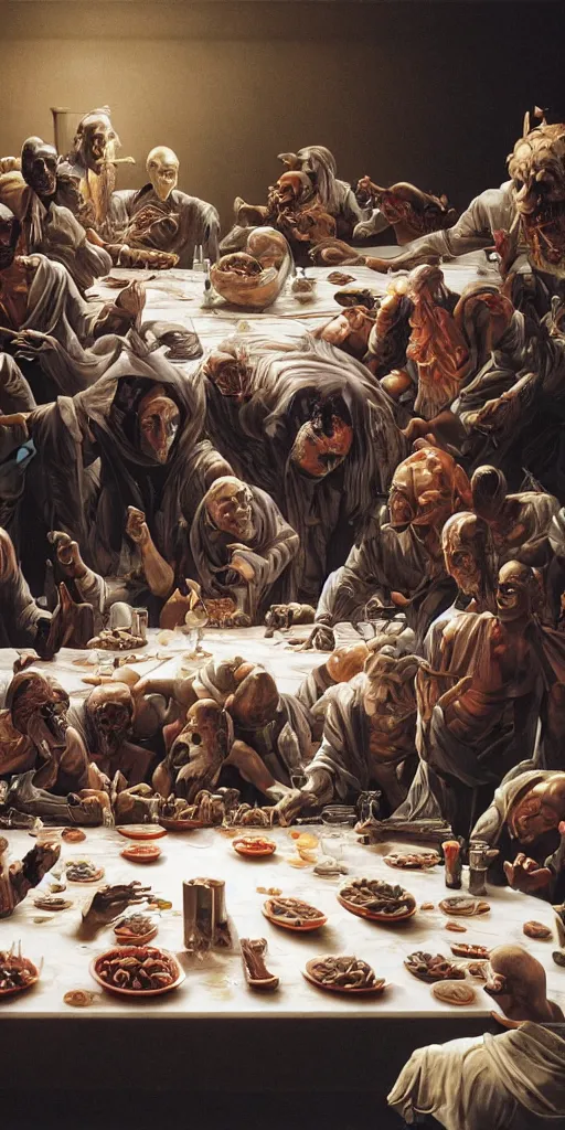 Image similar to !13 hungry cannibals making a rich salad around a marble table, !positioned as last supper cinematic lighting, dramatic framing, highly detalied, 4k, artstation, by Rene Lalique and Wayne Barlowe