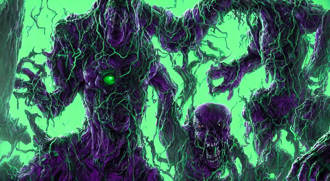 Prompt: abyssal purple ghoul, demonic creature, dark colors, bright green eyes, by Brock Hofer digital art, ArtStation GTA cover comics style, by James Gurney and beeple, global illumination, volume lighting, tone mapping
