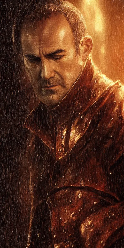 Image similar to stannis baratheon, artstation, high detail, dramatic lighting, heavy rain