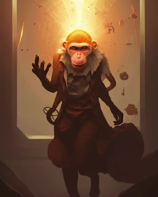 Prompt: Monkey Scientist, Experiment in Laboratory, clothed, D&D, artstation, fantasy, magic the gathering artwork, cinematic lighting, centered, symmetrical, highly detailed, digital painting, , concept art, smooth, sharp focus, illustration, volumetric lighting, epic Composition, 8k, art by Akihiko Yoshida and Greg Rutkowski and Craig Mullins, oil painting, cgsociety