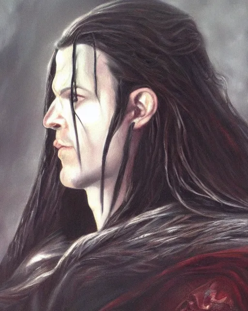 Image similar to a beautiful portrait of fingolfin, dramatic art chiaroscuro lighting, rules of compostion, great creative ideas, highly detailes dark oil painting, insanely realistic