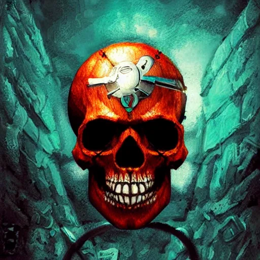 Image similar to cyborg pirate skull in the style of Marc Simonetti