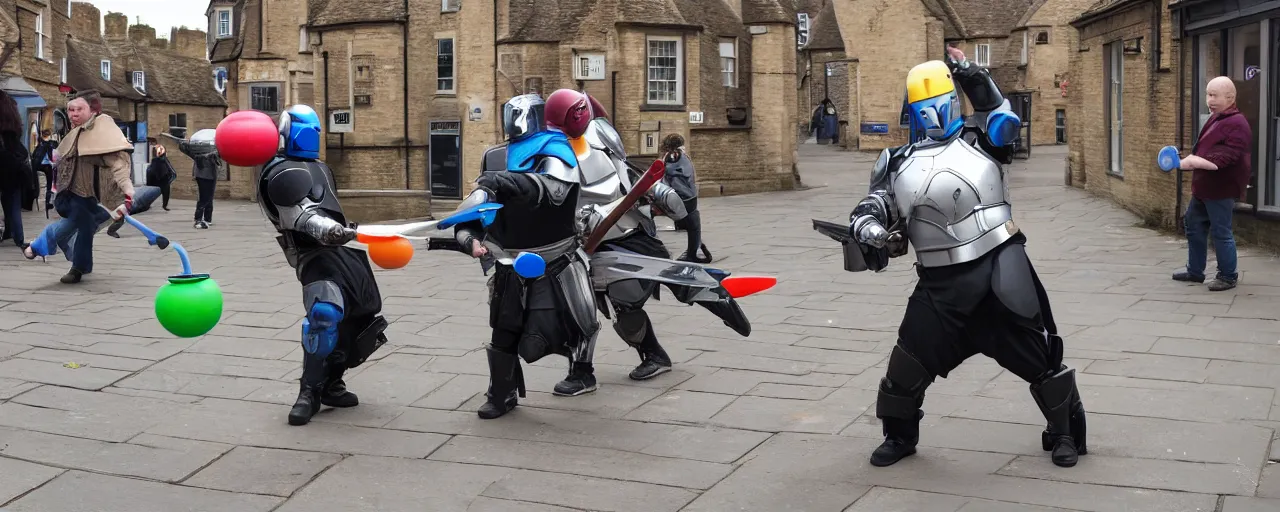 Image similar to two overweight mandalorians duelling on the streets of Rochester England with toilet plungers