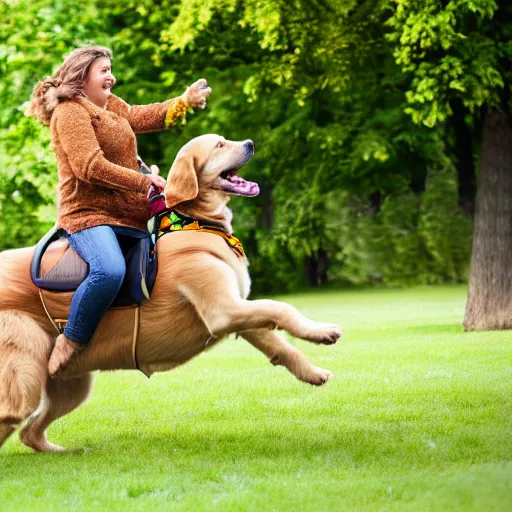 Prompt: human riding giant golden retriever in the park, trending on attestation