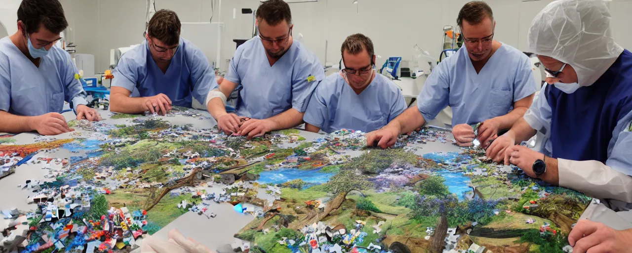 Image similar to three surgeons performing an operation on a 1000 piece jigsaw puzzle of a landscape on an operating table