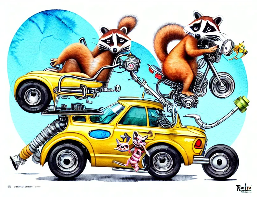 Prompt: cute and funny, racoon riding in a tiny hot rod with oversized engine, ratfink style by ed roth, centered award winning watercolor pen illustration, isometric illustration by chihiro iwasaki, edited by range murata, tiny details by artgerm and watercolor girl, symmetrically isometrically centered
