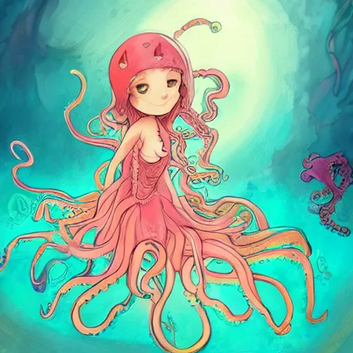 Image similar to a cute octopus girl with a flowy dress under the sea trending on art station