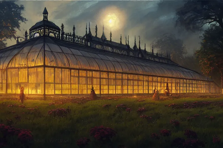 Prompt: an ornate victorian greenhouse, dark satanic ritual in front, scene in an open field. 1 8 9 0, key visual, conceptart, ambient lighting, highly detailed, digital painting, artstation, concept art, sharp focus, by makoto shinkai and akihiko yoshida and greg manchess