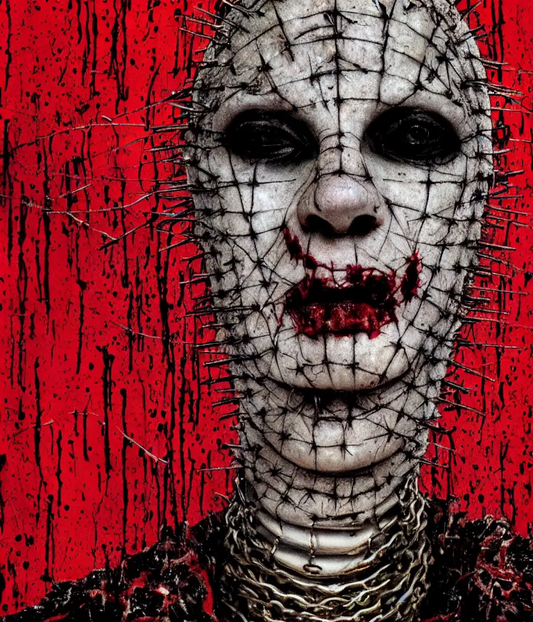 Image similar to very terrifying female Pinhead from the Hellraiser horror film splattered with blood, portrait showing entire scary head with grungy chains and hooks hanging down behind her, neo-expressionistic, maximalist, horror monster masterpiece, trending on DeviantArt, 4K resolution, dark cinematic, hyperrealism, octane render, volumetric lighting, ultra-detailed, chiaroscuro, dark black background, in the style of Giger and Ralph Steadman and Da Vinci,