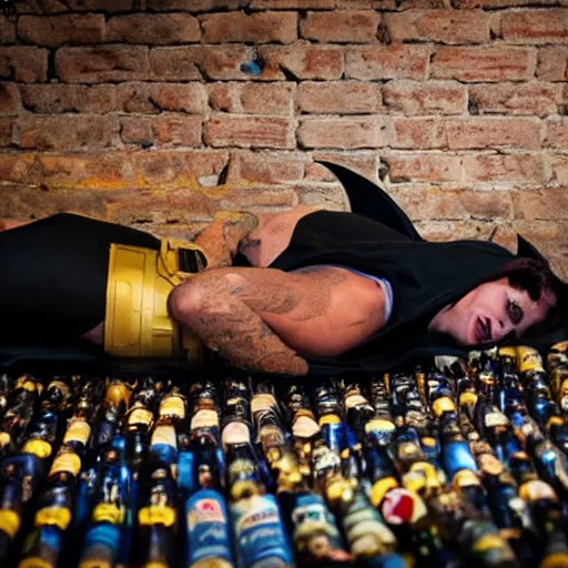 Image similar to batman lying on the floor in a pub surrounded by beer bottles, 8 k photography, golden hour