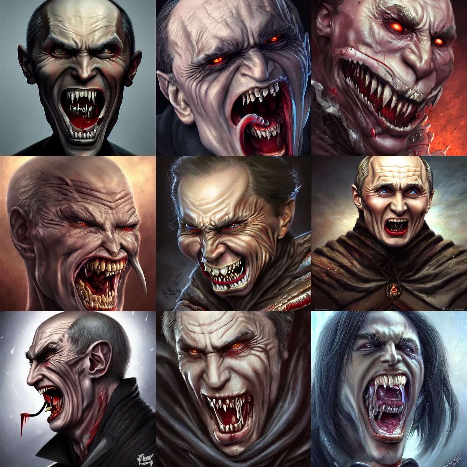 Prompt: very old and very very angry vampire vladimir putin baring sharp teeth as bullets, very detailed. artwork by artgerm, highly detailed, fantasy digital painting, artstation, smooth, sharp focus, art by thomas kinkade and h. r. giger and tyler edlin