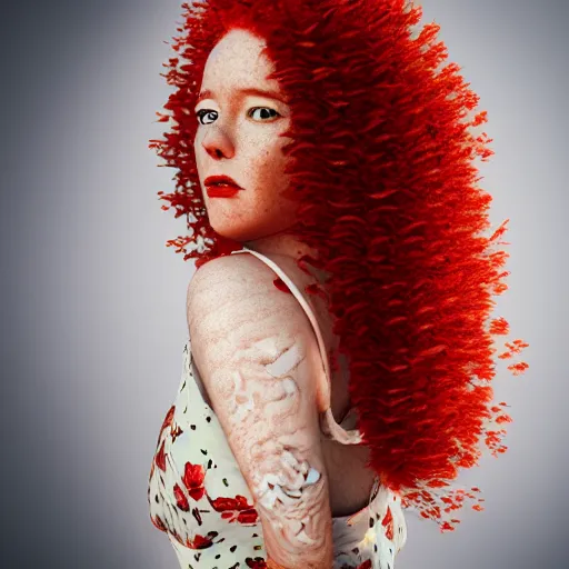 Image similar to film photography of a gorgeous red haired woman with big curly hair and freckles, curvy figure wearing dress with flower print, Pixar CGI , octane render, sharp details, bloom, 8k resolution, OLED