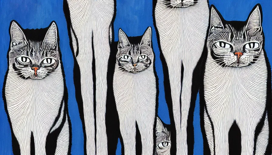 Prompt: artwork of really tall sitting cats by stanley donwood, thick brush, 4 k resolution