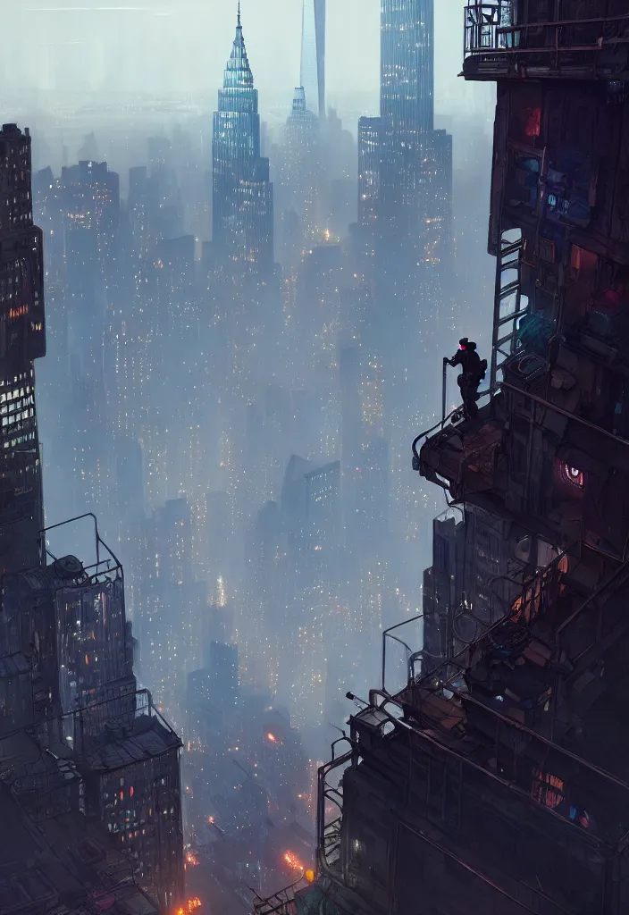 Image similar to a lone police officer overlooking a ledge towards the city below in ghostpunk new york city | highly detailed | very intricate | cinematic lighting | by asher brown durand and eddie mendoza | featured on artstation