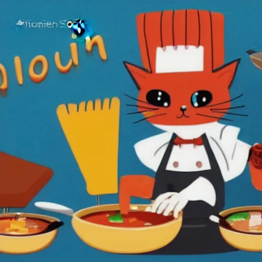 Prompt: anthropomorphic cat chef cooking a delicious colorful soup, digital painting, youtube video thumbnail