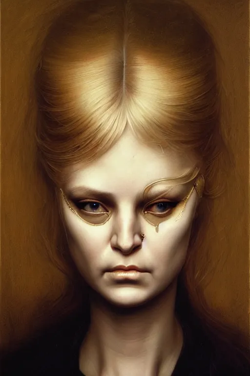 Image similar to hyper realistic portrait of blonde girl with an eyepatch in the style of wayne barlowe, gustav moreau, goward, bussiere, roberto ferri, santiago caruso, luis ricardo falero, austin osman spare