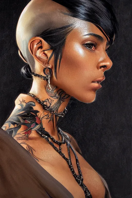 Image similar to woman with sleak outsider rebel style cloth, tatoo spiky black hair and dark skin, profile , backlight, dramtic lighting, amber eyes, long thin scar on her face. highly detailed, digital painting, artstation, concept art, sharp focus, beautiful face, expressive eyes, illustration, art by Artgerm and greg rutkowski and alphonse mucha