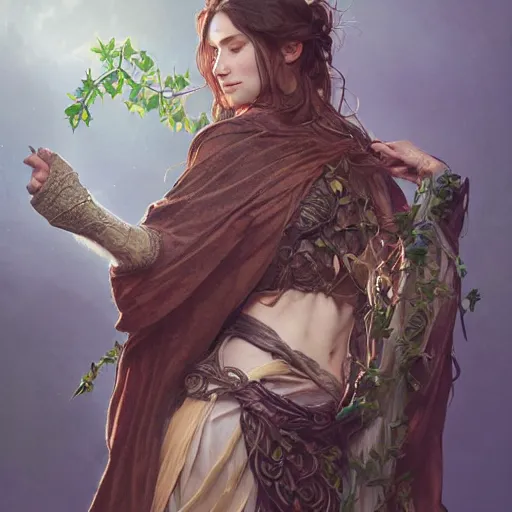 Image similar to a woman druid wearing leaf and vine themed clothing, fully clothed, pet animal, D&D, fantasy, intricate, cinematic lighting, highly detailed, digital painting, artstation, concept art, smooth, sharp focus, illustration, art by Artgerm and Greg Rutkowski and Alphonse Mucha, subject in the middle of the frame