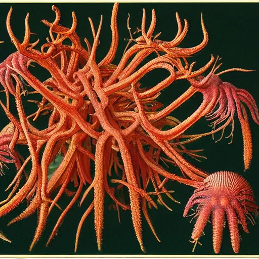 Prompt: Botanical illustration of sentient Clathrus ruber cordyceps slime mold in its native habitat by Haeckel and, ultradetailed digital art, vivid natural color hues