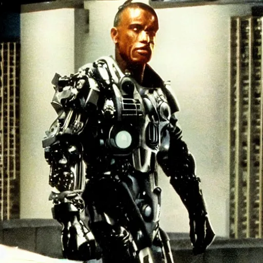 Image similar to Environment = Detroit 1987, only one cop part man part machine can stand up to crime - Cyborg Cop, Character = Cyborg Cop who is a cybernetic organism part human part machine, all justice, Style = Ultra Realistic, VHS film, Total Recall, Das Boot, Starship Troopers, cinematography by Jost Vacano, Composure = Establishing shot, Exterior Shot, Cinematic Film, 4k