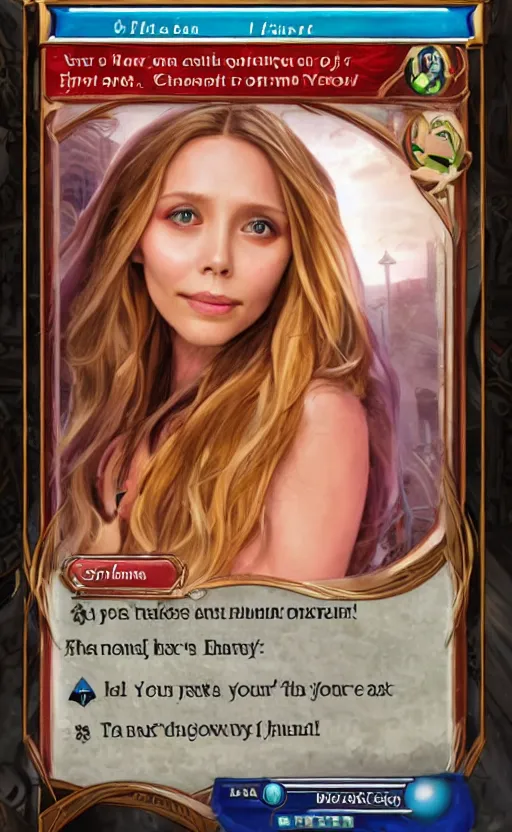 Image similar to mtg card trading, fantasy mtg card of elizabeth olsen, screenshot