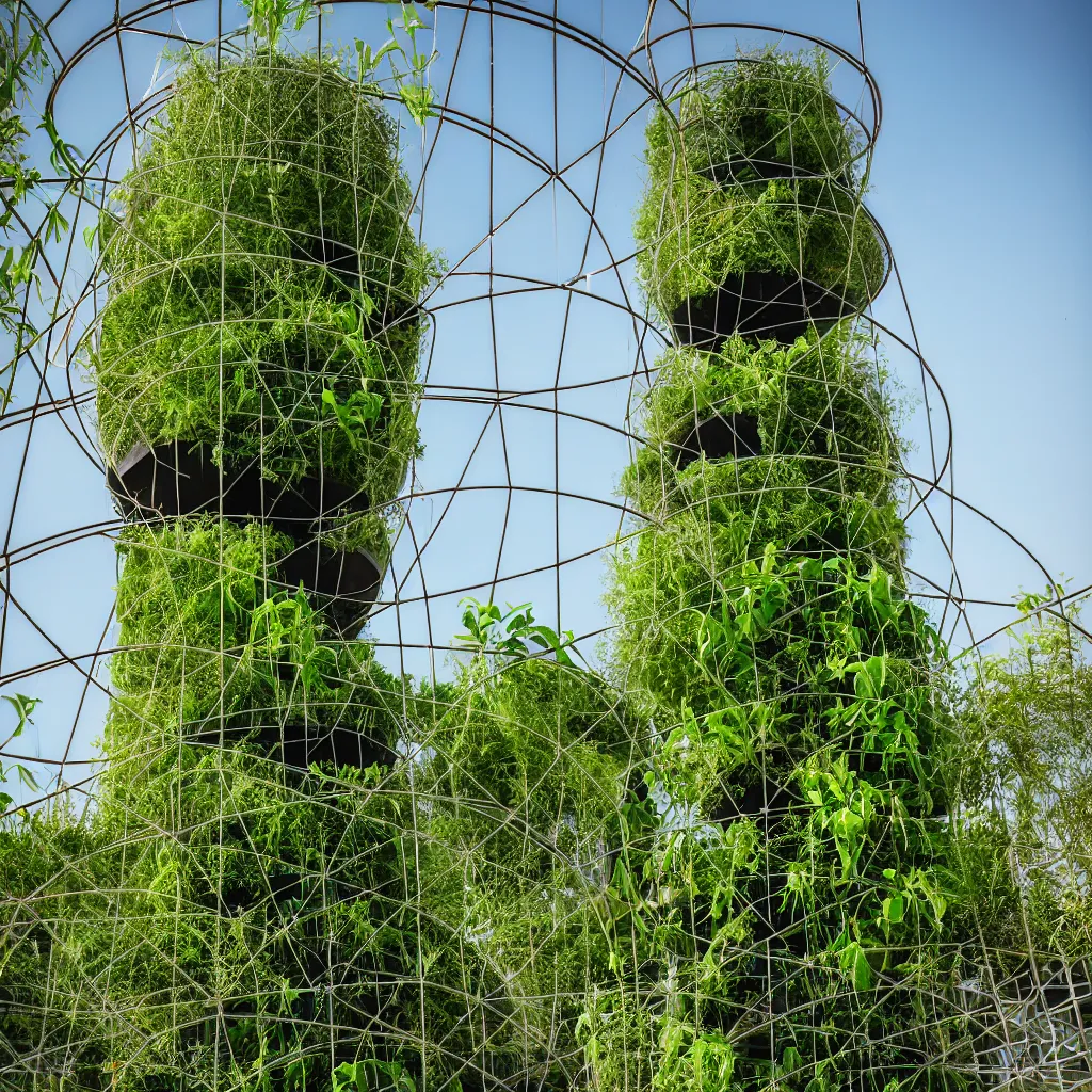 Image similar to torus shaped electrostatic water condensation collector tower, irrigation system in the background, vertical vegetable gardens under shadecloth and hexagonal frames, in the middle of the desert, XF IQ4, 150MP, 50mm, F1.4, ISO 200, 1/160s, natural light