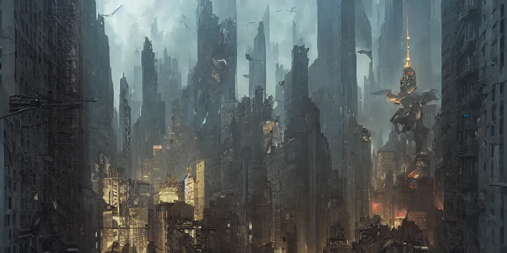 Image similar to New york occupied by the wehrmacht, svastika flag hanging from the buildings, dark sci-fi, matte painting, style of peter mohrbacher