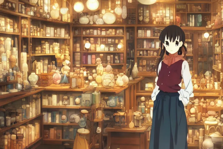 Image similar to anime visual, portrait of a young female traveler in a alchemist's shop interior, cute face by yoh yoshinari, katsura masakazu, studio lighting, dynamic pose, dynamic perspective, strong silhouette, anime cels, ilya kuvshinov, cel shaded, crisp and sharp, rounded eyes, moody, ( ( cool colors ) )